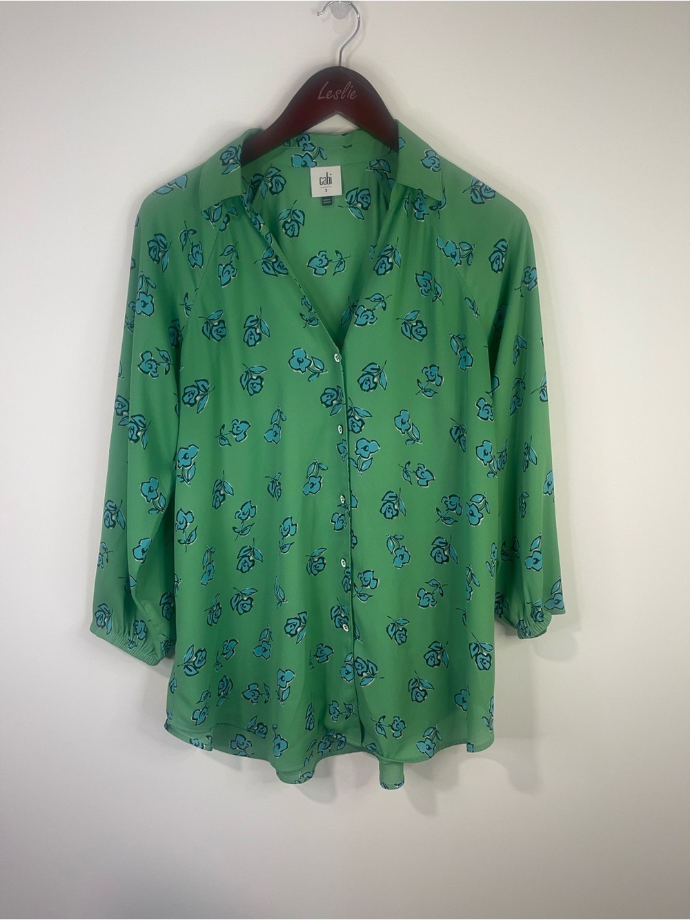 CAbi Green Button-Down Blouse with Blue Floral Print - Picture 2 of 11